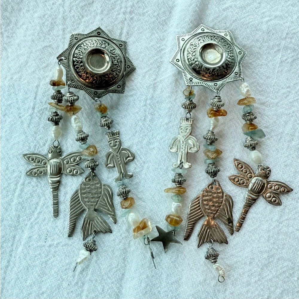 Vintage Silver Bohemian Fish Dragonfly Dangle Earrings Aqua Amber White Colors